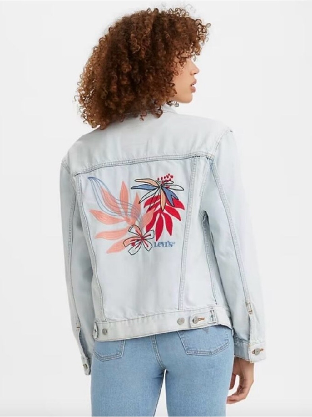 Levi's Light Blue Denim Ex-Boyfriend Trucker Jacket Floral Embroidery Size S
